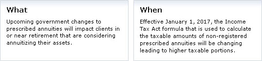 WHAT. Upcoming government changes to prescribed annuities will impact clients in or near retirement that are considering annuitizing their assets. When. Effective January 1, 2017, the Income Tax Act formula that is used to calculate the taxable amounts of non-registered prescribed annuities will be changing leading to higher taxable portions.